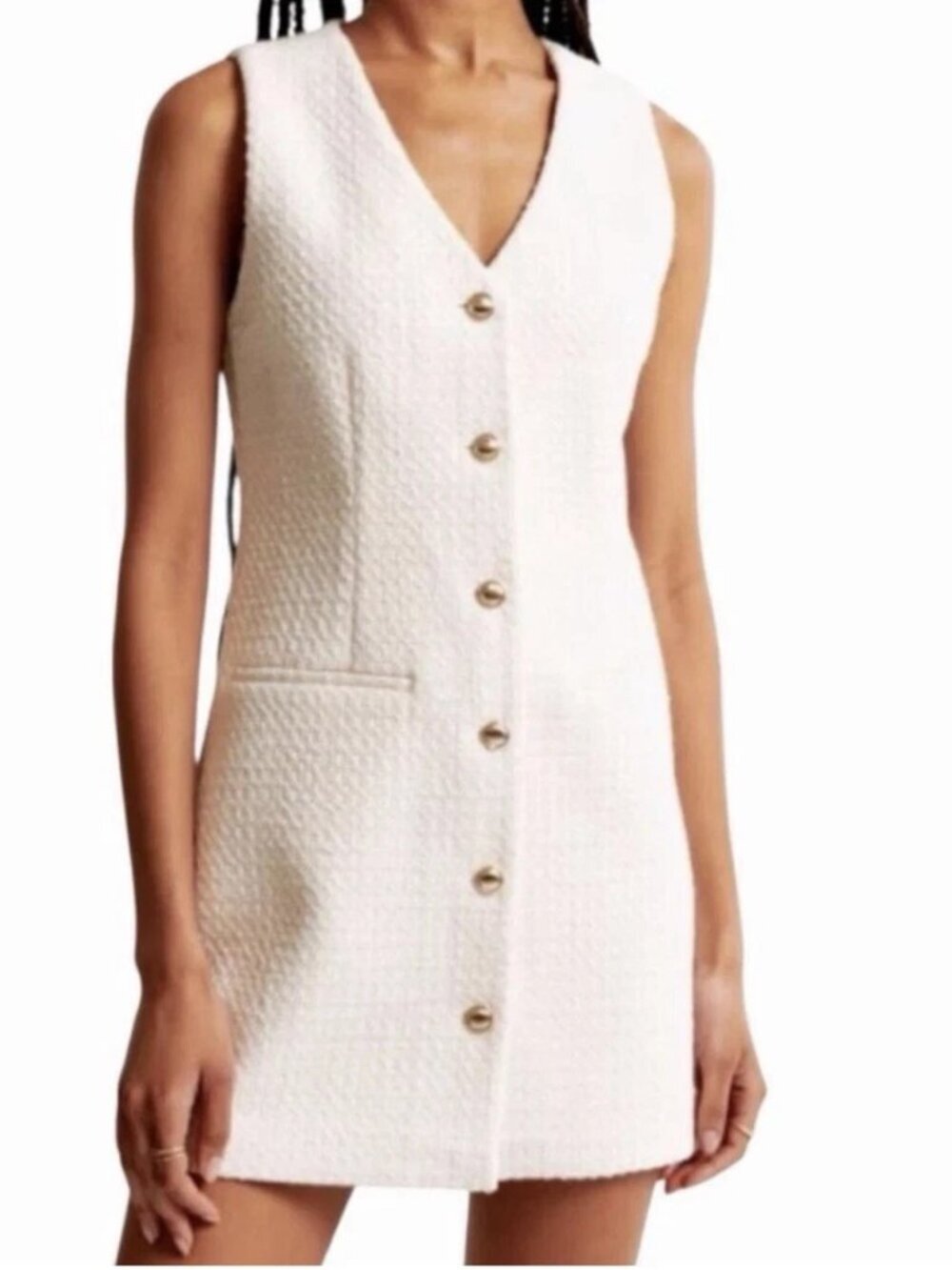 Bebop Tweed Sleeveless Button Dress Womens Large Ivory Knee Office Academia NEW